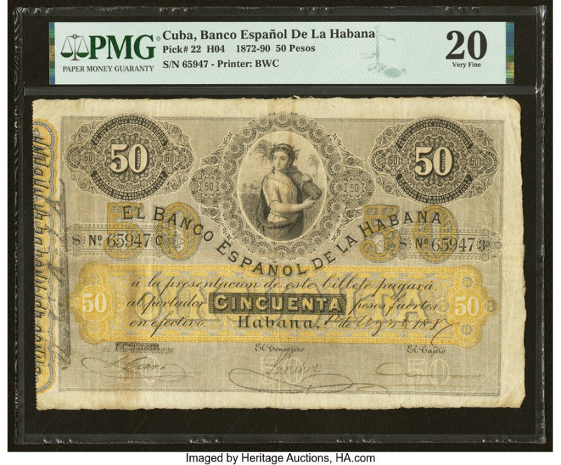 Cuba El Banco Espanol de la Habana 50 Pesos 1.8.188(7?) Pick 22 PMG Very Fine 20...