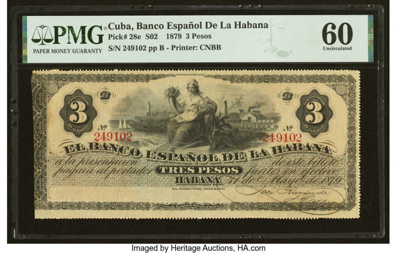 Cuba El Banco Espanol de la Habana 3 Pesos 31.5.1879 Pick 28e PMG Uncirculated 6...