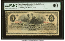 Cuba El Banco Espanol de la Habana 3 Pesos 31.5.1879 Pick 28e PMG Uncirculated 60. This incredible banknote is over 140 years old, and it has remained...