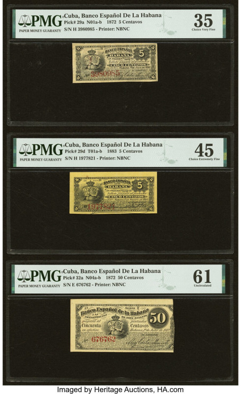 Cuba El Banco Espanol de la Habana 5 (2); 50 Centavos 1.7.1872 (2); 6.8.1883 Pic...