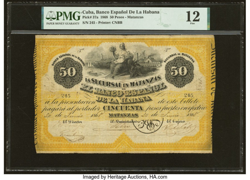 Cuba El Banco Espanol de la Habana, Matanzas 50 Pesos 30.6.1868 Pick 37a PMG Fin...