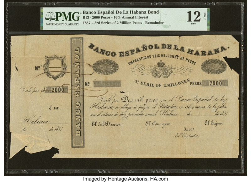 Cuba Banco Espanola de la Habana Bond 2000 Pesos 1857 Pick Unlisted Remainder PM...