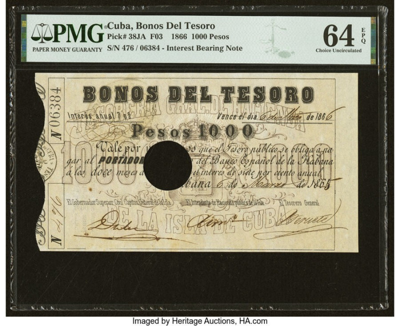 Cuba Bonos Del Tesoro 1000 Pesos 1866 Pick 38JA PMG Choice Uncirculated 64 EPQ. ...