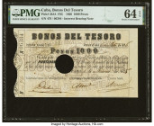 Cuba Bonos Del Tesoro 1000 Pesos 1866 Pick 38JA PMG Choice Uncirculated 64 EPQ. At the time of cataloging, this is the first and only example of this ...