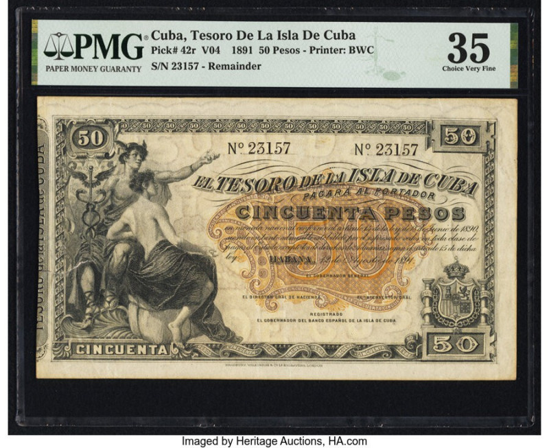 Cuba El Tesoro De La Isla De Cuba 50 Pesos 12.8.1891 Pick 42r Remainder PMG Choi...