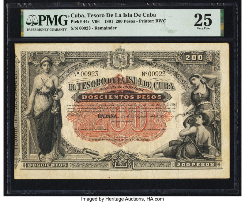 Cuba El Tesoro De La Isla De Cuba 200 Pesos 12.8.1891 Pick 44r Remainder PMG Ver...