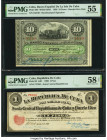 Cuba Banco Espanol De La Isla De Cuba; Republica De Cuba 10; 1 Pesos 15.5.1896; 17.8.1869 Pick 49b; 61 Two Examples PMG About Uncirculated 55; Choice ...