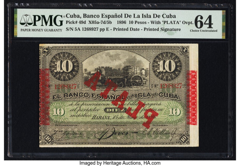 Cuba Banco Espanol De La Isla De Cuba 10 Pesos 15.5.1896 Pick 49d PMG Choice Unc...