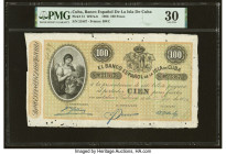 Cuba Banco Espanol De La Isla De Cuba 100 Pesos 15.5.1896 Pick 51 PMG Very Fine 30. A simply beautiful and gigantic banknote, visually pleasing and qu...