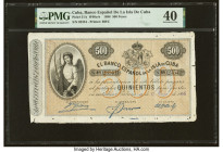 Cuba Banco Espanol De La Isla De Cuba 500 Pesos 15.5.1896 Pick 51A PMG Extremely Fine 40. A special and gigantic banknote, rarely seen today, as circu...