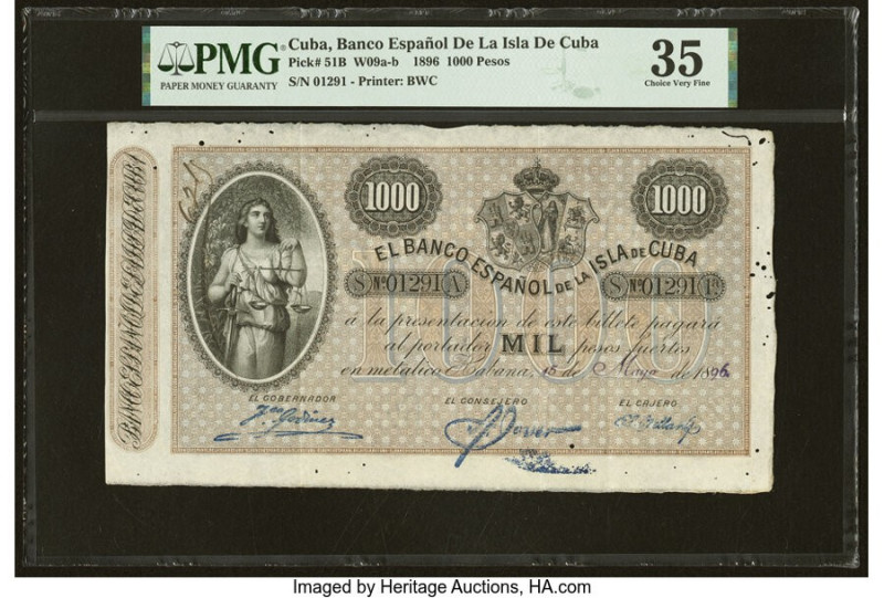 Cuba Banco Espanol De La Isla De Cuba 1000 Pesos 15.5.1896 Pick 51B PMG Choice V...