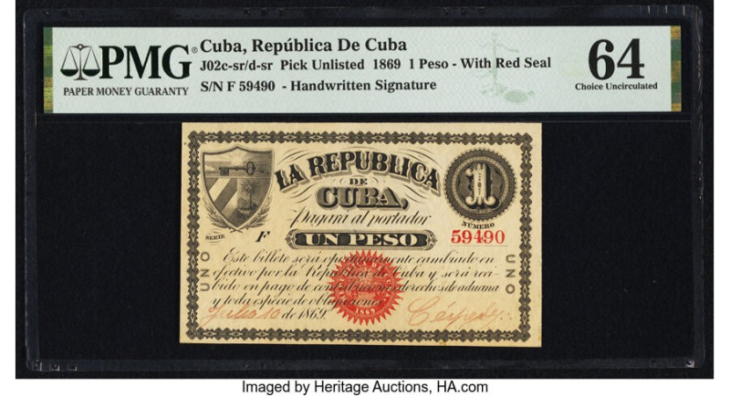 Cuba Republica de Cuba 1 Peso 10.7.1869 Pick Unlisted PMG Choice Uncirculated 64...
