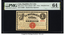 Cuba Republica de Cuba 1 Peso 10.7.1869 Pick Unlisted PMG Choice Uncirculated 64. Hand signed with red seal variety. 

HID09801242017

© 2022 Heritage...