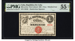 Cuba Republica de Cuba 1 Peso 1869 Pick UNL PMG About Uncirculated 55 Net. Hand signed with red seal variety. Previous mounting in noted on this examp...