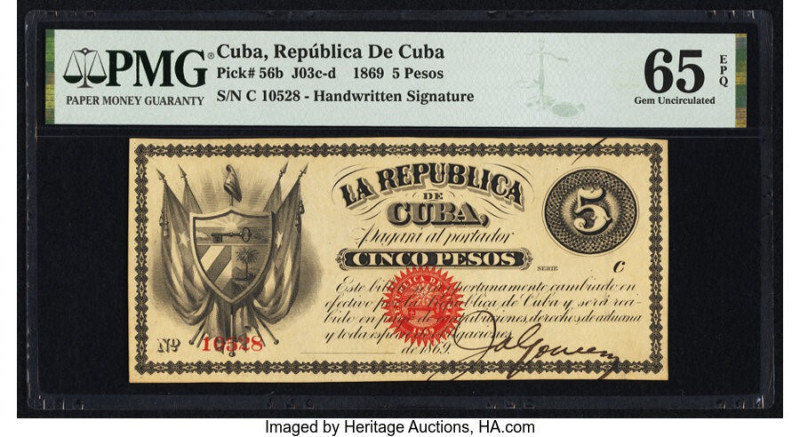 Cuba Republica de Cuba 5 Pesos 1869 Pick 56b PMG Gem Uncirculated 65 EPQ. 

HID0...