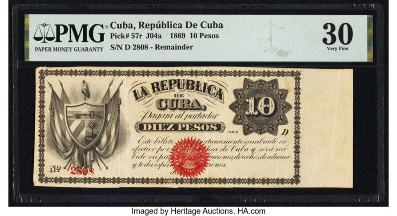 Cuba Republica de Cuba 10 Pesos 1869 Pick 57r Remainder PMG Very Fine 30. The sh...