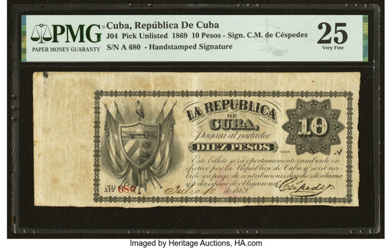 Cuba Republica de Cuba 10 Pesos 10.7.1869 Pick Unlisted PMG Very Fine 25. A sple...