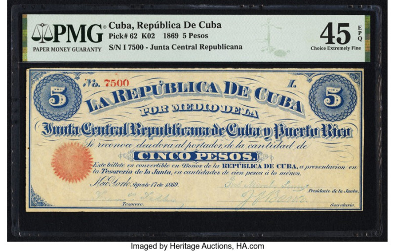 Cuba Republica de Cuba, Junta Centrale Republicana 5 Pesos 17.8.1869 Pick 62 PMG...