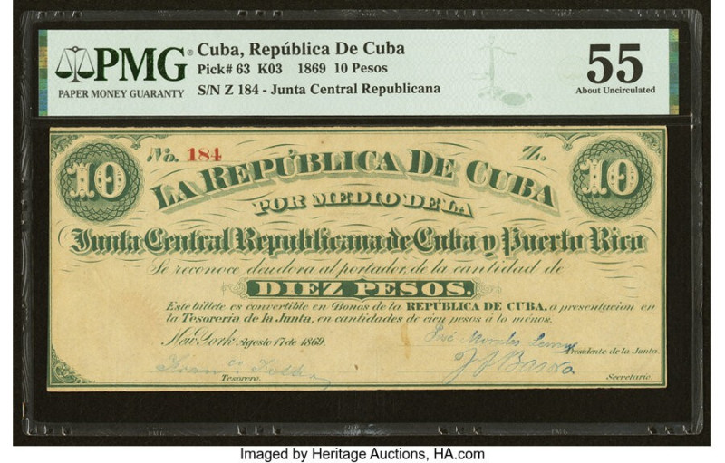 Cuba Republica de Cuba 10 Pesos 17.8.1869 Pick 63 PMG About Uncirculated 55. To ...
