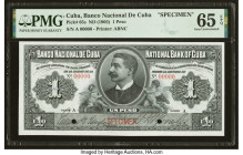 Cuba Banco Nacional de Cuba 1 Peso ND (1905) Pick 65s Specimen PMG Gem Uncirculated 65 EPQ. Impressive originality is present on this excellent Specim...