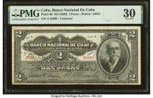 Cuba Banco Nacional de Cuba 2 Pesos ND (1905) Pick 66 PMG Very Fine 30. A pleasant mid-grade and perforated cancelled banknote from a very rare series...