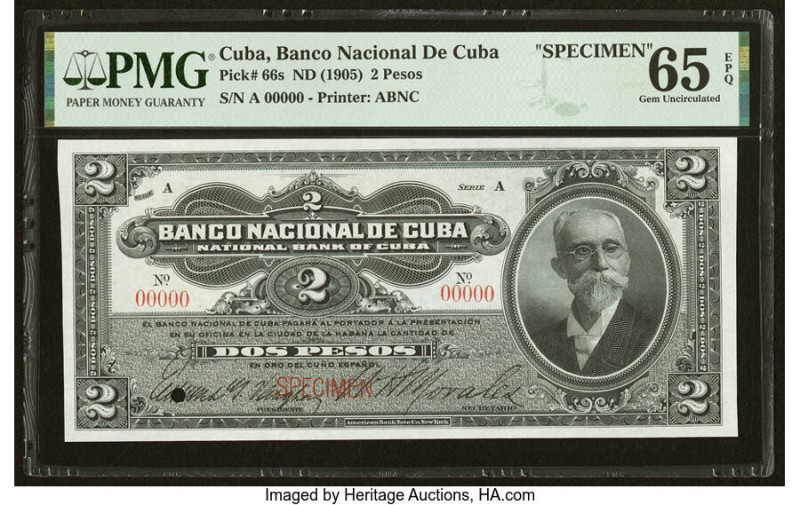 Cuba Banco Nacional de Cuba 2 Pesos ND (1905) Pick 66s Specimen PMG Gem Uncircul...