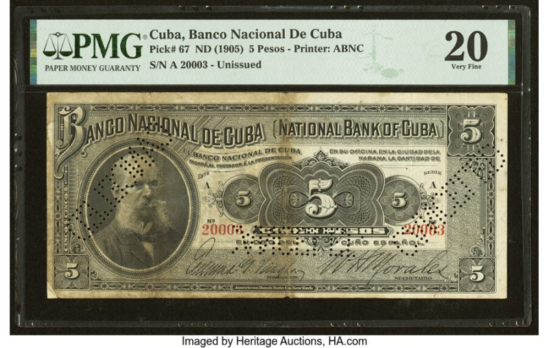 Cuba Banco Nacional de Cuba 5 Pesos ND (1905) Pick 67 PMG Very Fine 20. All bank...