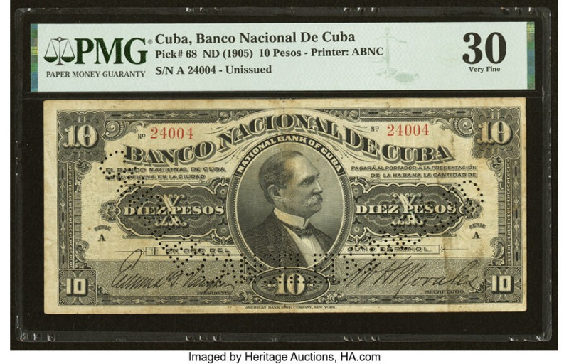 Cuba Banco Nacional de Cuba 10 Pesos ND (1905) Pick 68 PMG Very Fine 30. This is...