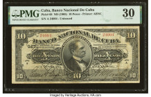 Cuba Banco Nacional de Cuba 10 Pesos ND (1905) Pick 68 PMG Very Fine 30. This is the highest denomination of the rarely seen 1905 series from the Banc...