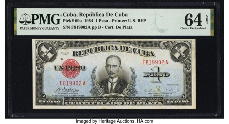 Cuba Republica de Cuba 1 Peso 22.3.1934 Pick 69a PMG Choice Uncirculated 64 Net....