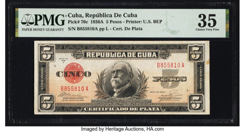 Cuba Republica de Cuba 5 Pesos 1936 Pick 70c PMG Choice Very Fine 35. A stain is...