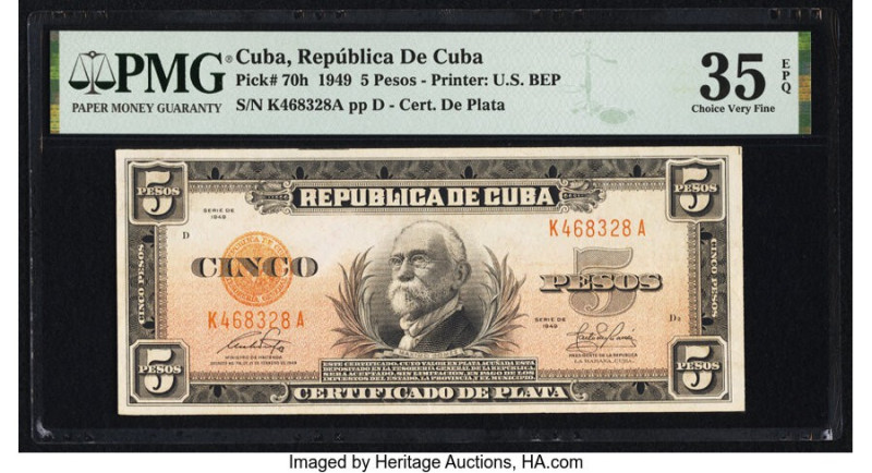 Cuba Republica de Cuba 5 Pesos 1949 Pick 70h PMG Choice Very Fine 35 EPQ. 

HID0...