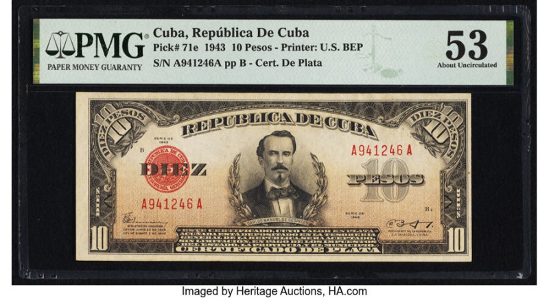 Cuba Republica de Cuba 10 Pesos 1943 Pick 71e PMG About Uncirculated 53. Minor f...