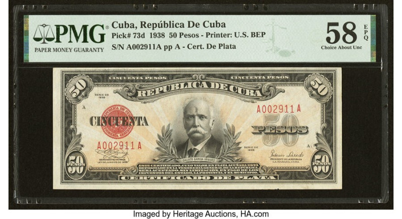 Cuba Republica de Cuba 50 Pesos 1938 Pick 73d PMG Choice About Unc 58 EPQ. At th...
