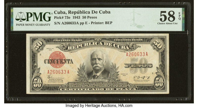 Cuba Republica de Cuba 50 Pesos 1943 Pick 73e PMG Choice About Unc 58 EPQ. At th...