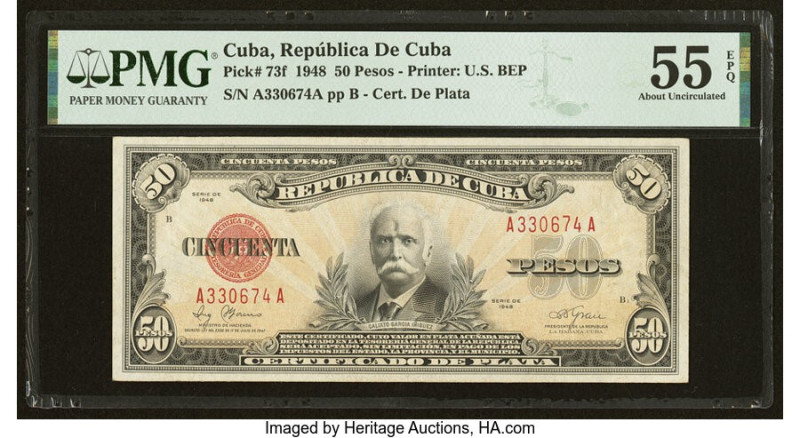 Cuba Republica de Cuba 50 Pesos 1948 Pick 73f PMG About Uncirculated 55 EPQ. An ...