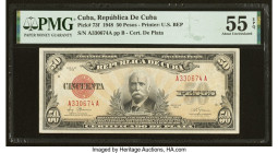 Cuba Republica de Cuba 50 Pesos 1948 Pick 73f PMG About Uncirculated 55 EPQ. An amazing, high grade banknote, currently registering as the finest grad...