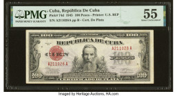Cuba Republica de Cuba 100 Pesos 1945 Pick 74d PMG About Uncirculated 55. An excellent and crisp example of this high denomination silver certificate....
