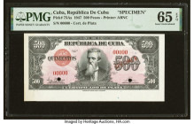 Cuba Republica de Cuba 500 Pesos 2.5.1947 Pick 75As Specimen PMG Gem Uncirculated 65 EPQ. This Specimen represents the second highest denomination of ...