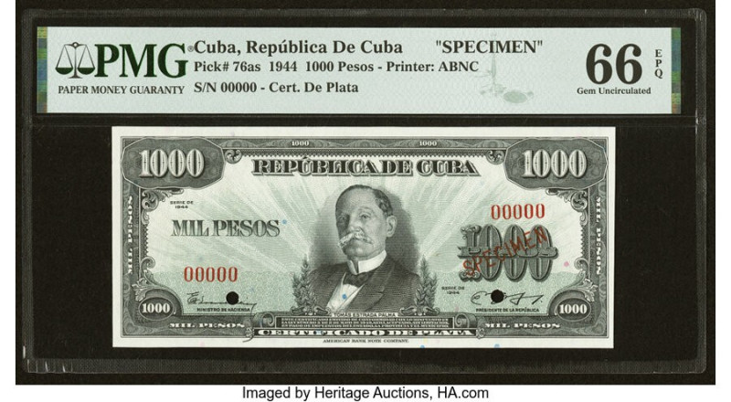 Cuba Republica de Cuba 1000 Pesos 1944 Pick 76as Specimen PMG Gem Uncirculated 6...