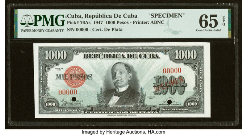 Cuba Republica de Cuba 1000 Pesos 1947 Pick 76As Specimen PMG Gem Uncirculated 6...