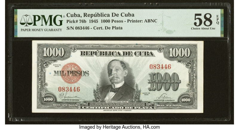 Cuba Republica de Cuba 1000 Pesos 1945 Pick 76b PMG Choice About Unc 58 EPQ. At ...