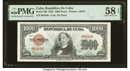 Cuba Republica de Cuba 1000 Pesos 1945 Pick 76b PMG Choice About Unc 58 EPQ. At the time of cataloging, this is the single finest graded 1945 1000 Pes...