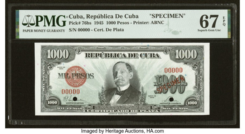 Cuba Republica de Cuba 1000 Pesos 1945 Pick 76bs Specimen PMG Superb Gem Unc 67 ...