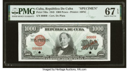 Cuba Republica de Cuba 1000 Pesos 1945 Pick 76bs Specimen PMG Superb Gem Unc 67 EPQ. At the time of issue, this was the highest denomination of the Si...