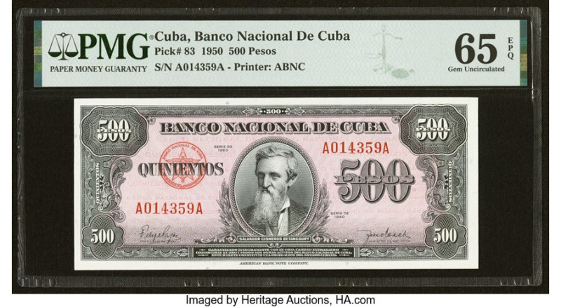 Cuba Banco Nacional de Cuba 500 Pesos 1950 Pick 83 PMG Gem Uncirculated 65 EPQ. ...