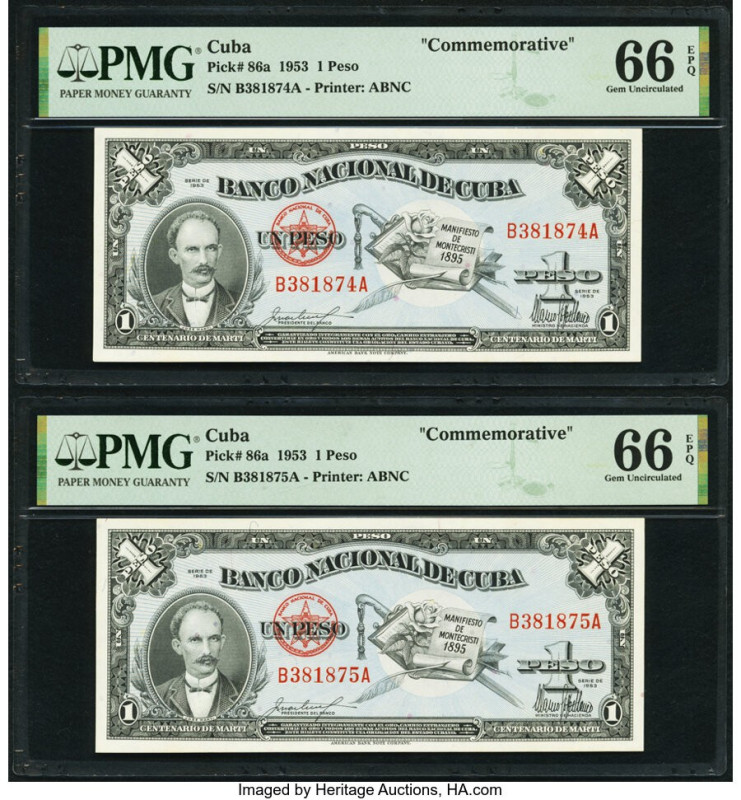 Cuba Banco Nacional de Cuba 1 Peso 28.1.1953 Pick 86a Two Consecutive Commemorat...