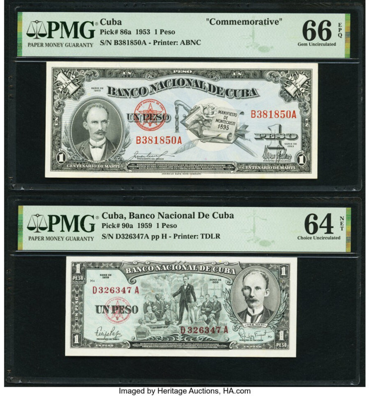 Cuba Banco Nacional de Cuba 1 Peso 28.1.1953; 1959 Pick 86a; 90a Two Examples PM...