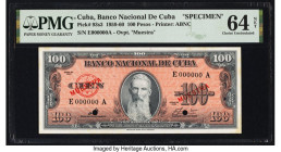 Cuba Banco Nacional de Cuba 100 Pesos 1960 Pick 93s3 Specimen PMG Choice Uncirculated 64 Net. Stains and two POCs are noted on this example. 

HID0980...