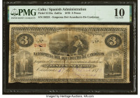 Cuba Empresa del Acueductor de Cardenas 3 Pesos 17.2.1870 Pick S112a PMG Very Good 10. An impressive and rarely seen fully issued banknote from Aquedu...